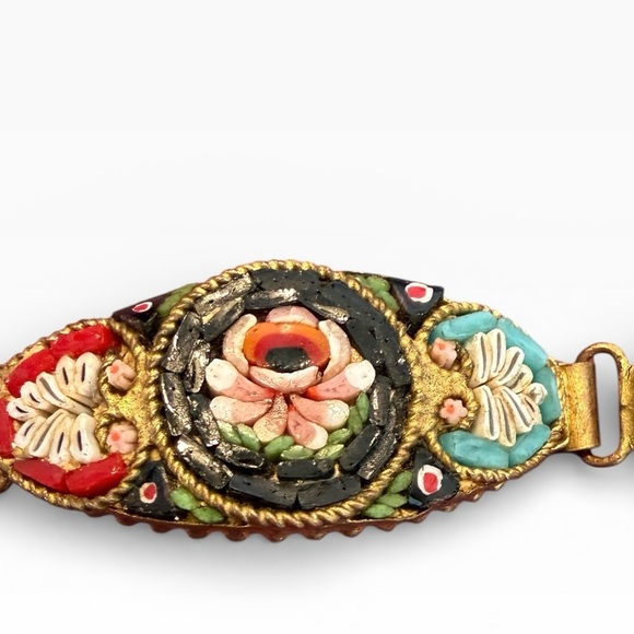 Antique Italy Signed Micro-Mosaic Floral 5 Panel Bracelet - Picture 9 of 13